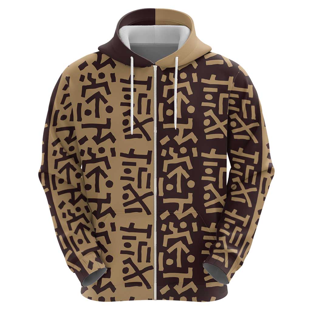 Tribe Script Zip Hoodie with Bold Mudcloth Symbols and Brown Tan Split Design - Wonder Print Shop