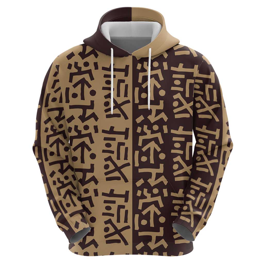 Tribe Script Zip Hoodie with Bold Mudcloth Symbols and Brown Tan Split Design - Wonder Print Shop