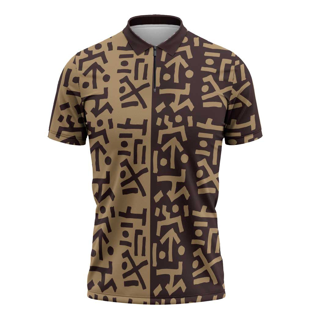 Tribe Script Zipper Polo Shirt with Bold Mudcloth Symbols and Brown Tan Split Design - Wonder Print Shop