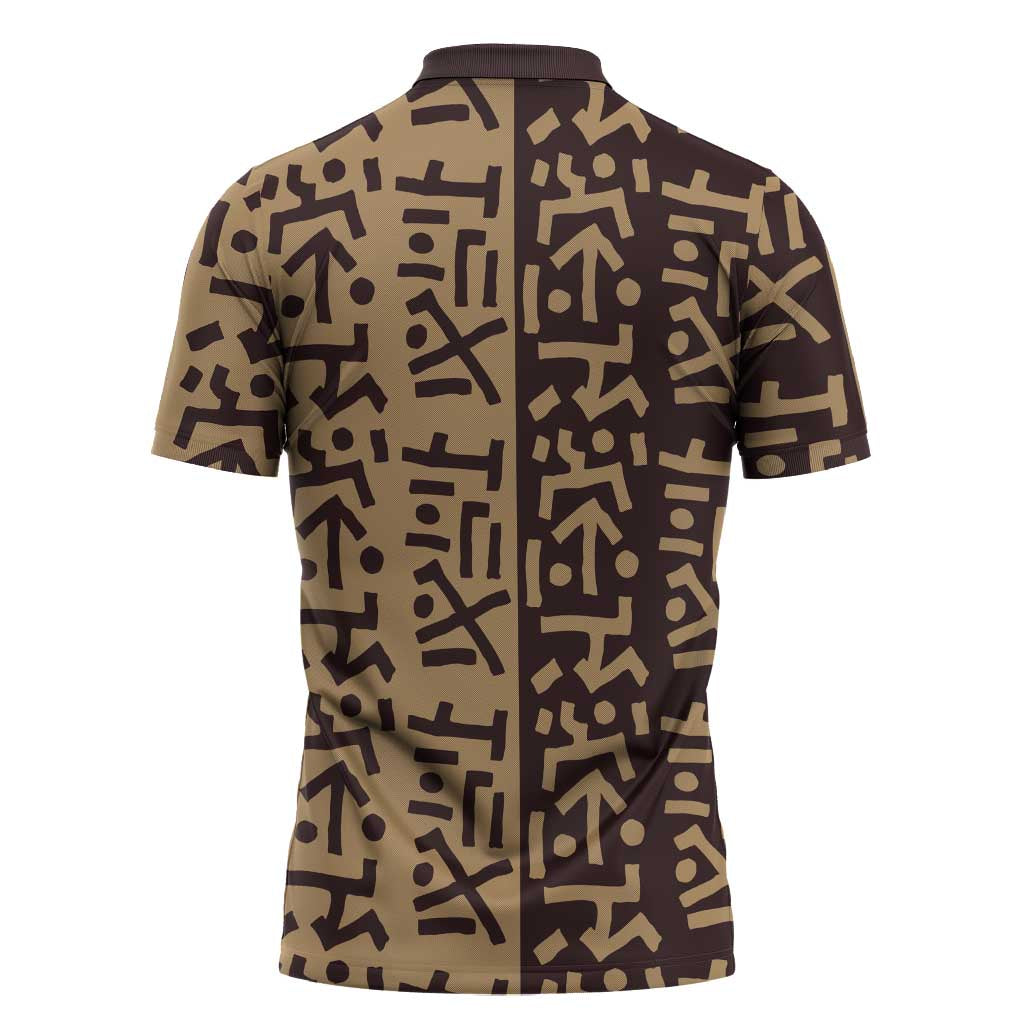 Tribe Script Zipper Polo Shirt with Bold Mudcloth Symbols and Brown Tan Split Design - Wonder Print Shop
