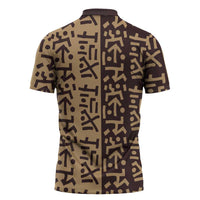 Tribe Script Zipper Polo Shirt with Bold Mudcloth Symbols and Brown Tan Split Design - Wonder Print Shop