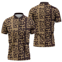 Tribe Script Zipper Polo Shirt with Bold Mudcloth Symbols and Brown Tan Split Design - Wonder Print Shop