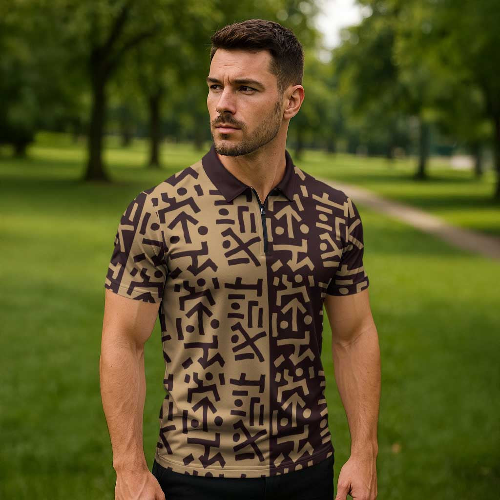 Tribe Script Zipper Polo Shirt with Bold Mudcloth Symbols and Brown Tan Split Design - Wonder Print Shop