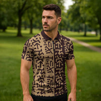 Tribe Script Zipper Polo Shirt with Bold Mudcloth Symbols and Brown Tan Split Design - Wonder Print Shop