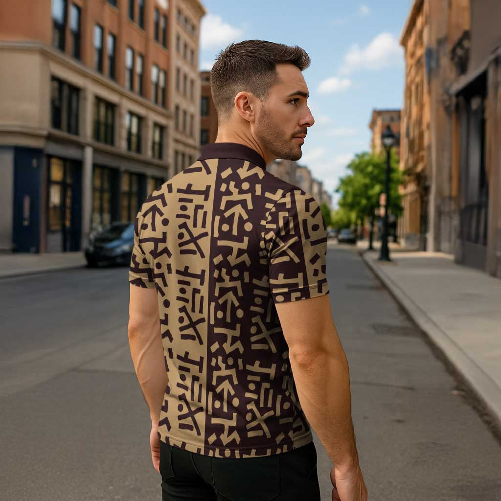 Tribe Script Zipper Polo Shirt with Bold Mudcloth Symbols and Brown Tan Split Design - Wonder Print Shop