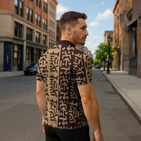 Tribe Script Zipper Polo Shirt with Bold Mudcloth Symbols and Brown Tan Split Design - Wonder Print Shop