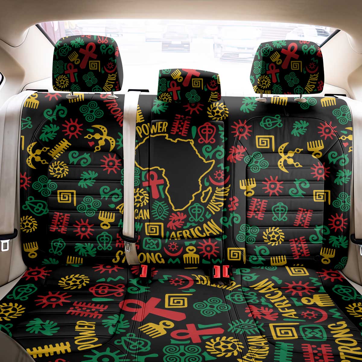 African Map Symbol Back Car Seat Cover with Red Yellow Green Tribal Symbols and Empowering Pattern - Wonder Print Shop