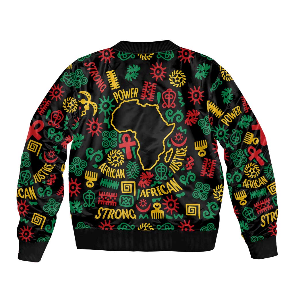 African Map Symbol Bomber Jacket with Red Yellow Green Tribal Symbols and Empowering Pattern - Wonder Print Shop