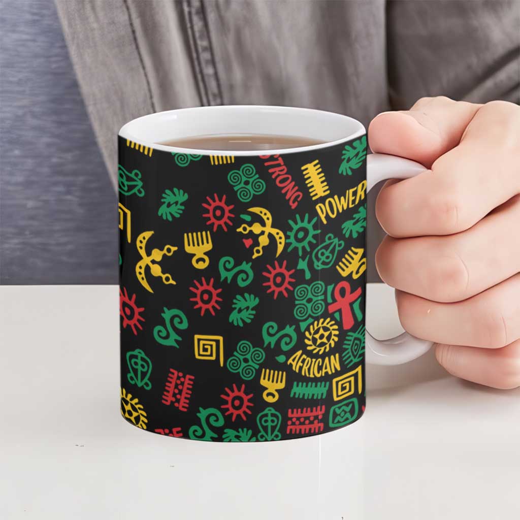 African Map Symbol Ceramic Mug with Red Yellow Green Tribal Symbols and Empowering Pattern - Wonder Print Shop