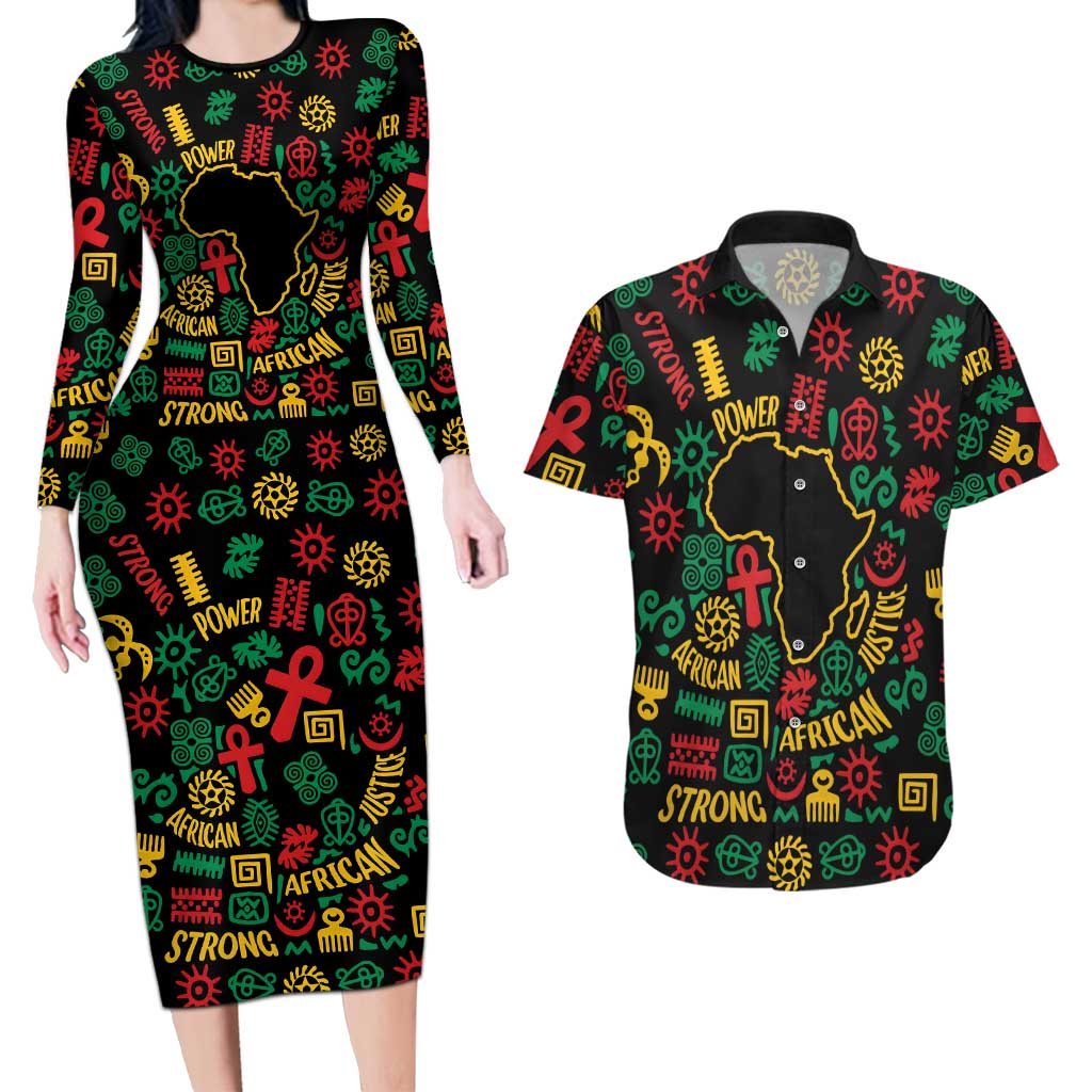 African Map Symbol Couples Matching Long Sleeve Bodycon Dress and Hawaiian Shirt with Red Yellow Green Tribal Symbols and Empowering Pattern - Wonder Print Shop