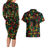 African Map Symbol Couples Matching Long Sleeve Bodycon Dress and Hawaiian Shirt with Red Yellow Green Tribal Symbols and Empowering Pattern - Wonder Print Shop