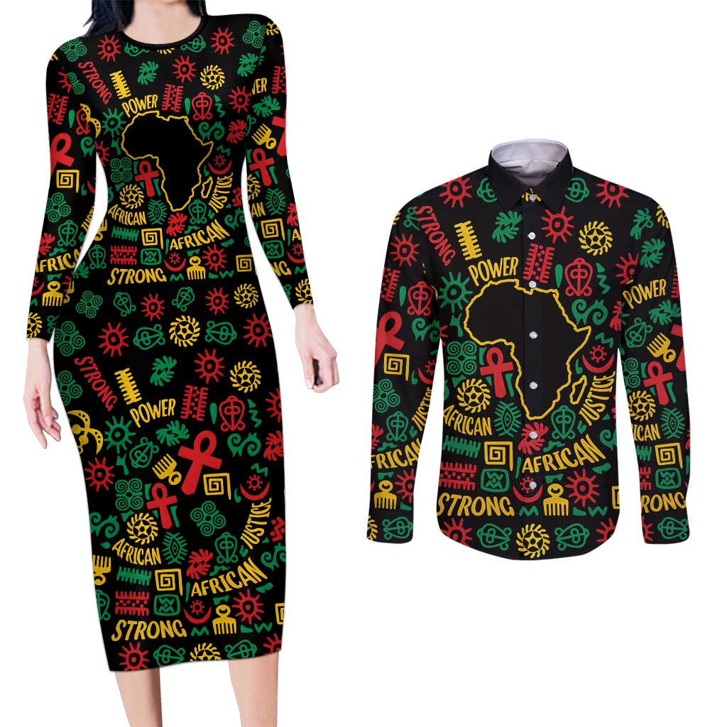 African Map Symbol Couples Matching Long Sleeve Bodycon Dress and Long Sleeve Button Shirt with Red Yellow Green Tribal Symbols and Empowering Pattern - Wonder Print Shop