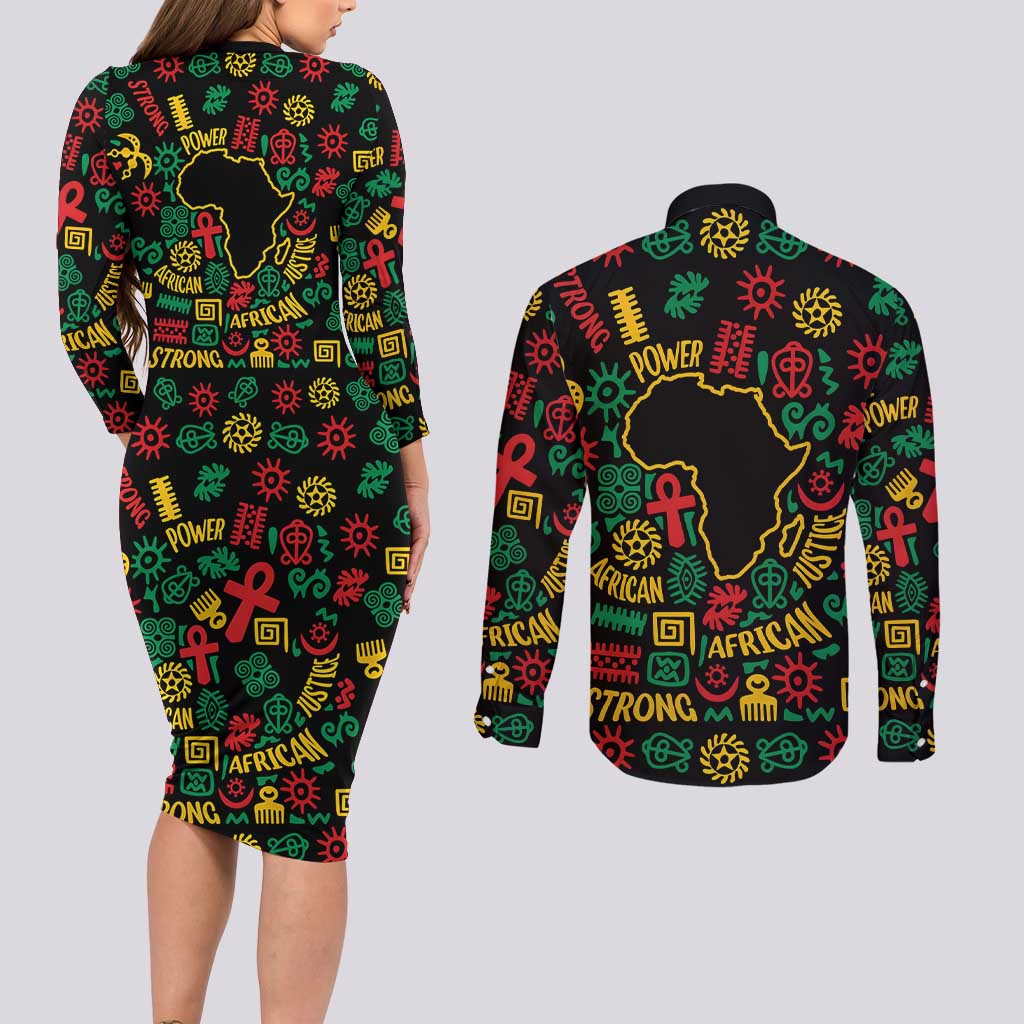 African Map Symbol Couples Matching Long Sleeve Bodycon Dress and Long Sleeve Button Shirt with Red Yellow Green Tribal Symbols and Empowering Pattern - Wonder Print Shop
