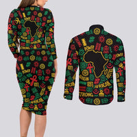 African Map Symbol Couples Matching Long Sleeve Bodycon Dress and Long Sleeve Button Shirt with Red Yellow Green Tribal Symbols and Empowering Pattern - Wonder Print Shop