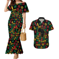 African Map Symbol Couples Matching Mermaid Dress and Hawaiian Shirt with Red Yellow Green Tribal Symbols and Empowering Pattern - Wonder Print Shop