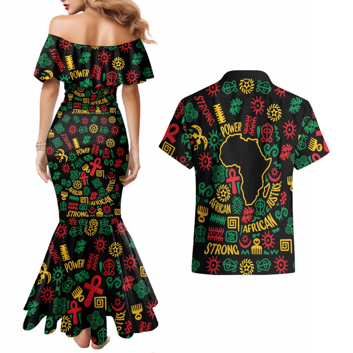 African Map Symbol Couples Matching Mermaid Dress and Hawaiian Shirt with Red Yellow Green Tribal Symbols and Empowering Pattern - Wonder Print Shop