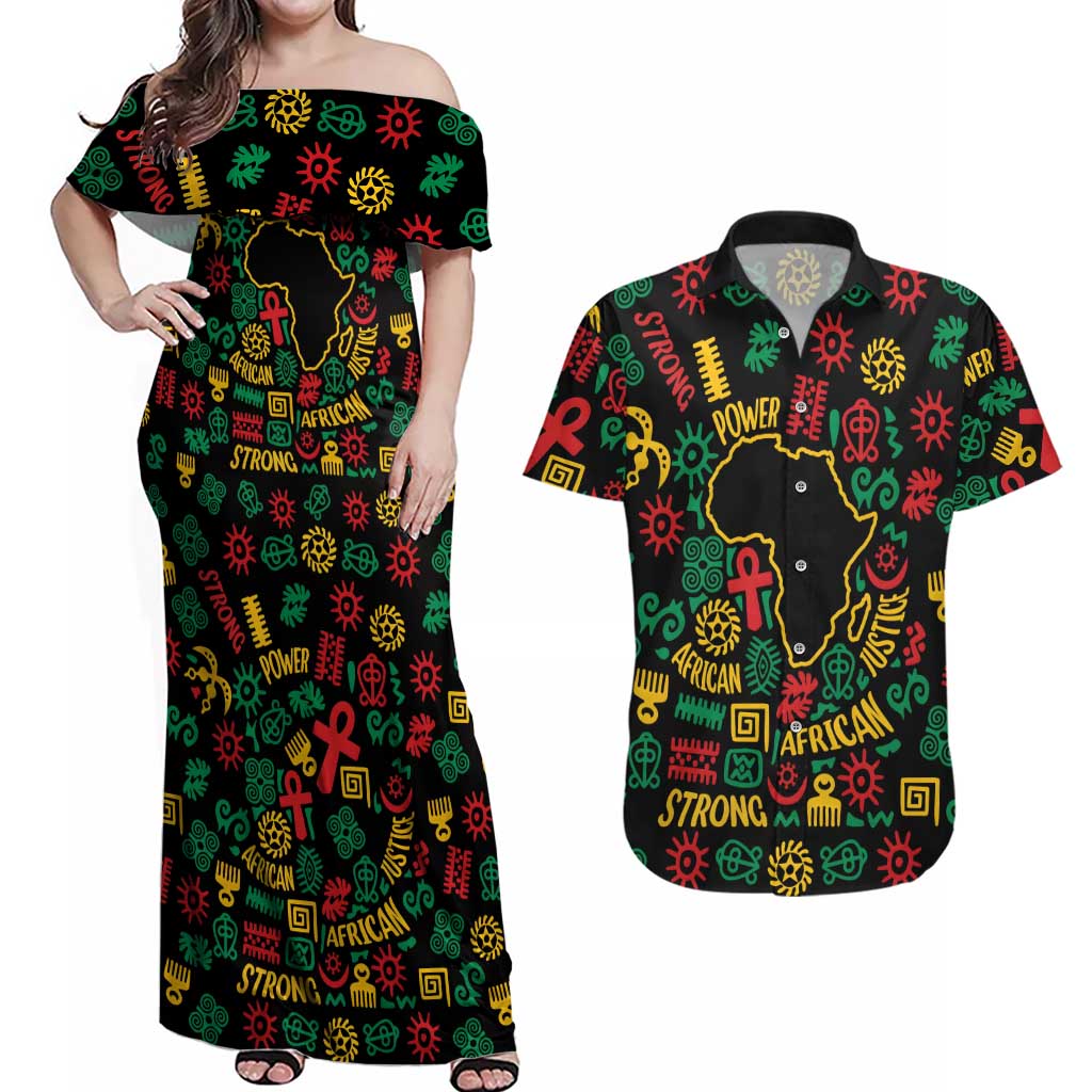 African Map Symbol Couples Matching Off Shoulder Maxi Dress and Hawaiian Shirt with Red Yellow Green Tribal Symbols and Empowering Pattern - Wonder Print Shop