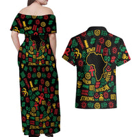 African Map Symbol Couples Matching Off Shoulder Maxi Dress and Hawaiian Shirt with Red Yellow Green Tribal Symbols and Empowering Pattern - Wonder Print Shop