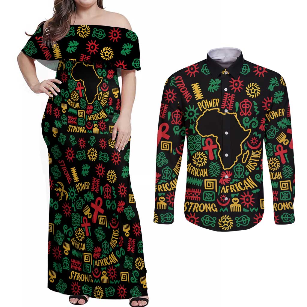 African Map Symbol Couples Matching Off Shoulder Maxi Dress and Long Sleeve Button Shirt with Red Yellow Green Tribal Symbols and Empowering Pattern - Wonder Print Shop