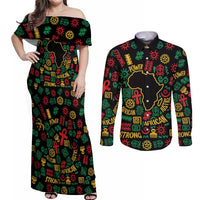 African Map Symbol Couples Matching Off Shoulder Maxi Dress and Long Sleeve Button Shirt with Red Yellow Green Tribal Symbols and Empowering Pattern - Wonder Print Shop