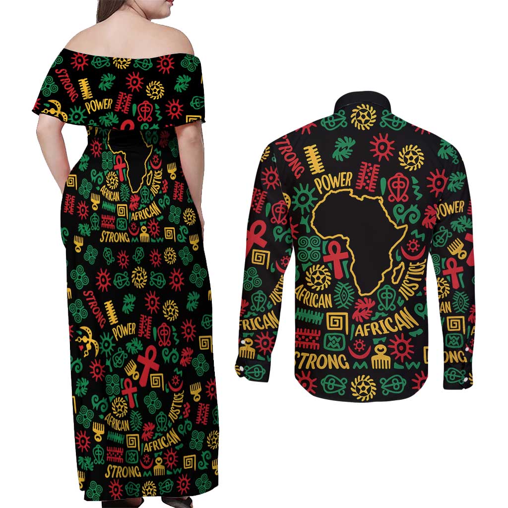 African Map Symbol Couples Matching Off Shoulder Maxi Dress and Long Sleeve Button Shirt with Red Yellow Green Tribal Symbols and Empowering Pattern - Wonder Print Shop