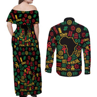 African Map Symbol Couples Matching Off Shoulder Maxi Dress and Long Sleeve Button Shirt with Red Yellow Green Tribal Symbols and Empowering Pattern - Wonder Print Shop