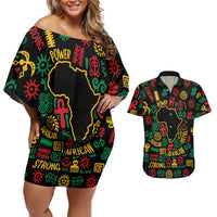 African Map Symbol Couples Matching Off Shoulder Short Dress and Hawaiian Shirt with Red Yellow Green Tribal Symbols and Empowering Pattern - Wonder Print Shop