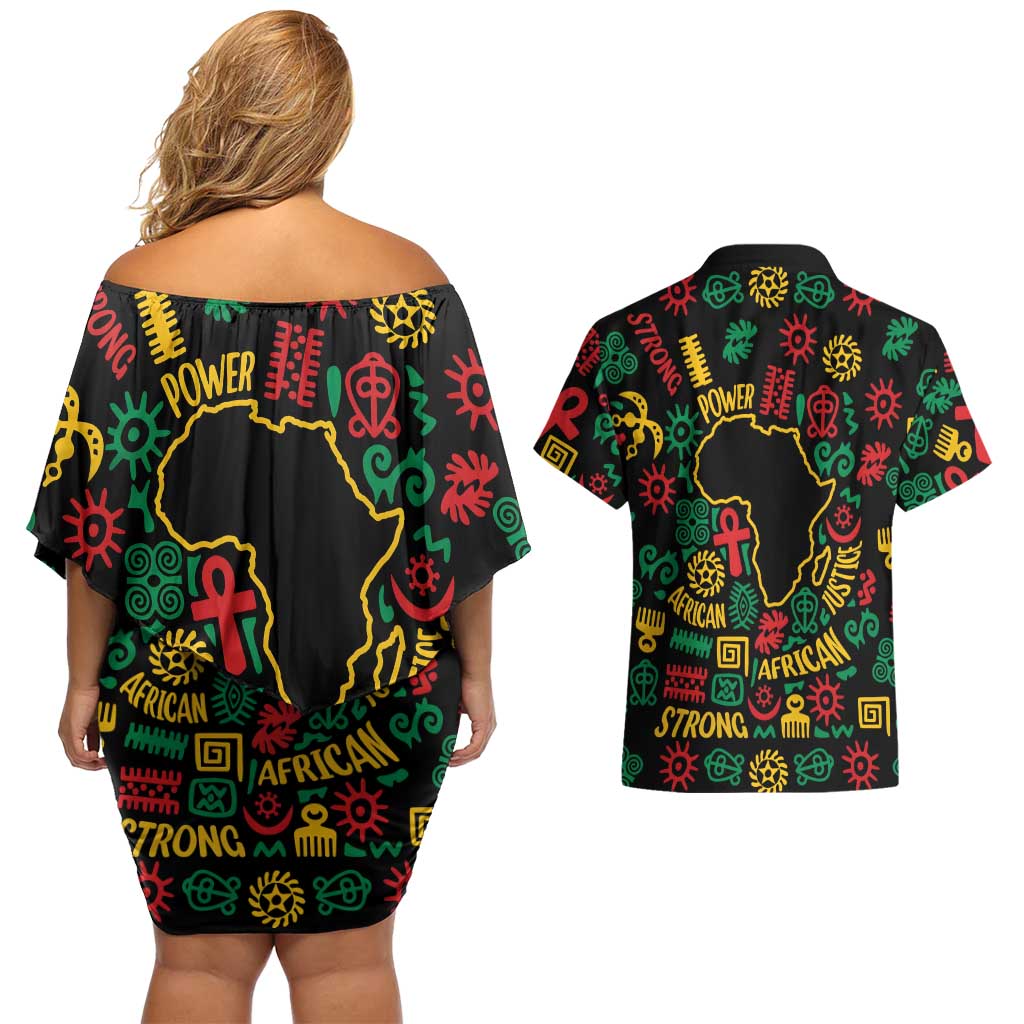 African Map Symbol Couples Matching Off Shoulder Short Dress and Hawaiian Shirt with Red Yellow Green Tribal Symbols and Empowering Pattern - Wonder Print Shop
