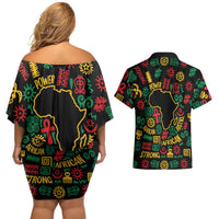 African Map Symbol Couples Matching Off Shoulder Short Dress and Hawaiian Shirt with Red Yellow Green Tribal Symbols and Empowering Pattern - Wonder Print Shop