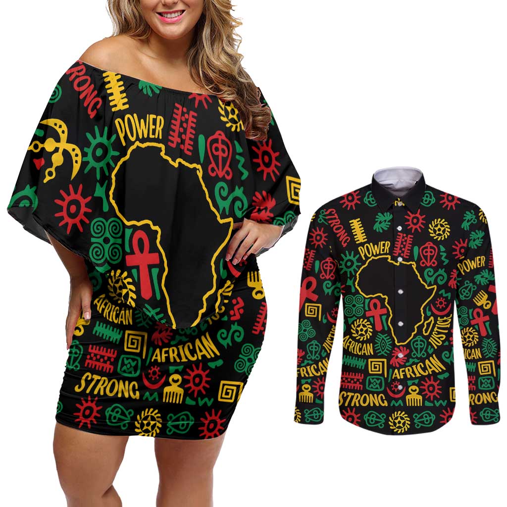 African Map Symbol Couples Matching Off Shoulder Short Dress and Long Sleeve Button Shirt with Red Yellow Green Tribal Symbols and Empowering Pattern - Wonder Print Shop