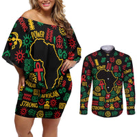 African Map Symbol Couples Matching Off Shoulder Short Dress and Long Sleeve Button Shirt with Red Yellow Green Tribal Symbols and Empowering Pattern - Wonder Print Shop