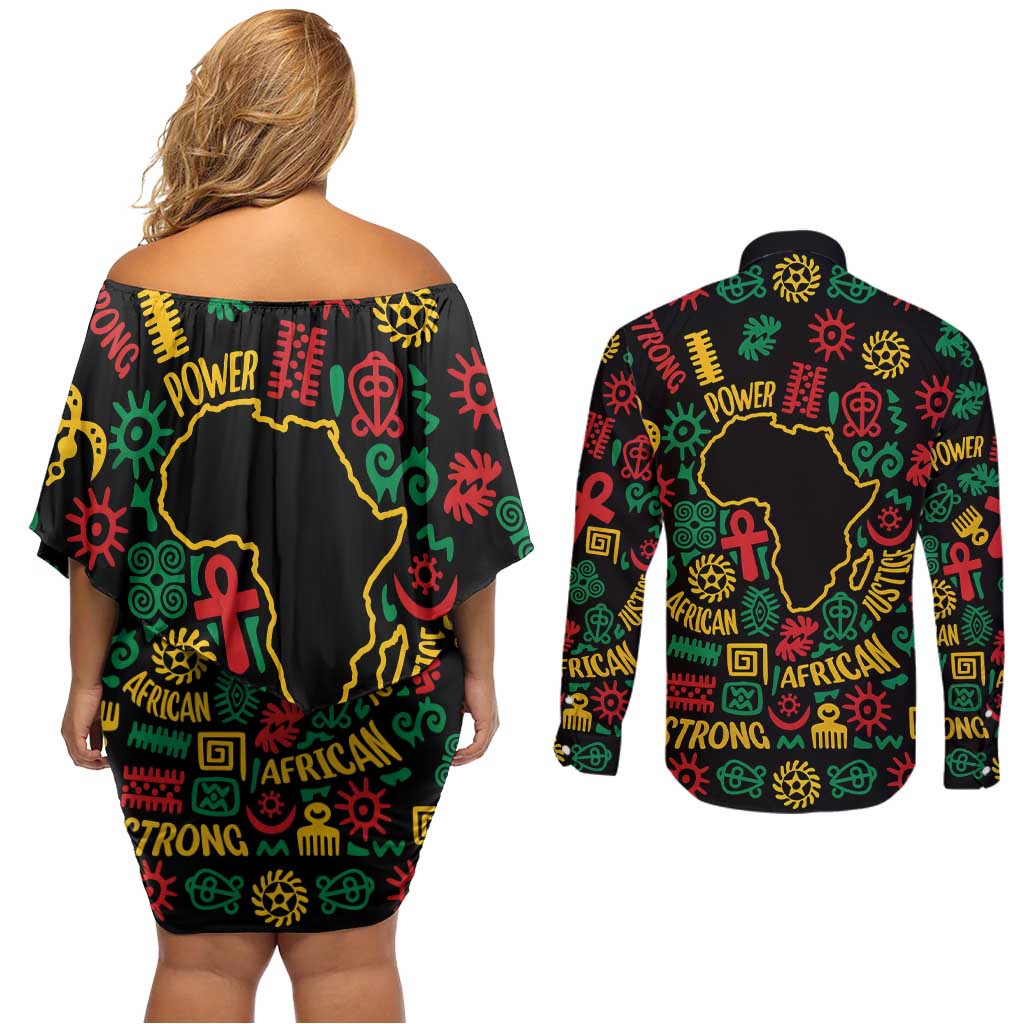 African Map Symbol Couples Matching Off Shoulder Short Dress and Long Sleeve Button Shirt with Red Yellow Green Tribal Symbols and Empowering Pattern - Wonder Print Shop
