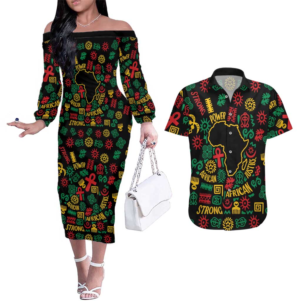African Map Symbol Couples Matching Off The Shoulder Long Sleeve Dress and Hawaiian Shirt with Red Yellow Green Tribal Symbols and Empowering Pattern - Wonder Print Shop