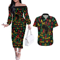 African Map Symbol Couples Matching Off The Shoulder Long Sleeve Dress and Hawaiian Shirt with Red Yellow Green Tribal Symbols and Empowering Pattern - Wonder Print Shop