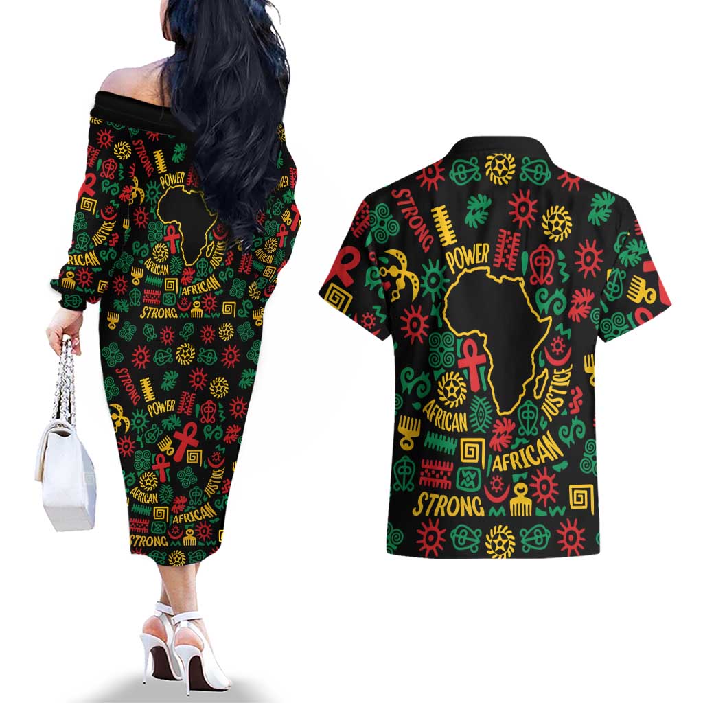 African Map Symbol Couples Matching Off The Shoulder Long Sleeve Dress and Hawaiian Shirt with Red Yellow Green Tribal Symbols and Empowering Pattern - Wonder Print Shop