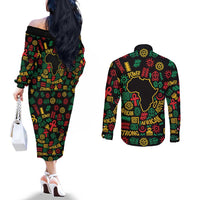 African Map Symbol Couples Matching Off The Shoulder Long Sleeve Dress and Long Sleeve Button Shirt with Red Yellow Green Tribal Symbols and Empowering Pattern - Wonder Print Shop