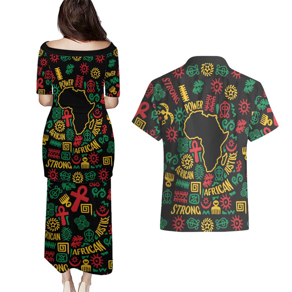 African Map Symbol Couples Matching Puletasi and Hawaiian Shirt with Red Yellow Green Tribal Symbols and Empowering Pattern - Wonder Print Shop