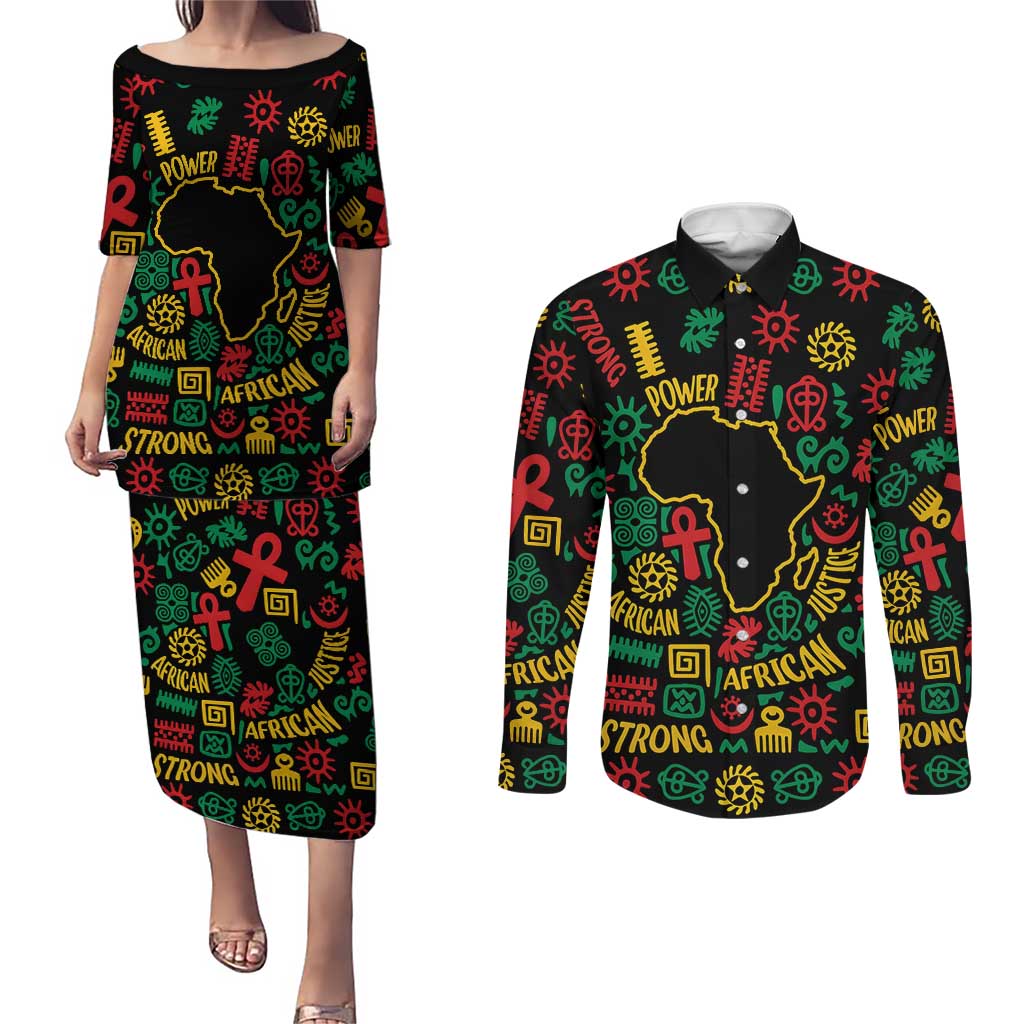 African Map Symbol Couples Matching Puletasi and Long Sleeve Button Shirt with Red Yellow Green Tribal Symbols and Empowering Pattern - Wonder Print Shop