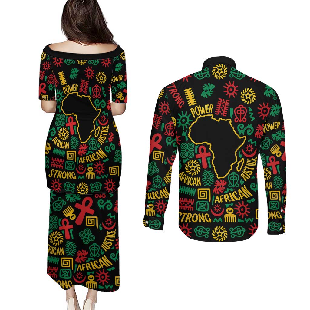 African Map Symbol Couples Matching Puletasi and Long Sleeve Button Shirt with Red Yellow Green Tribal Symbols and Empowering Pattern - Wonder Print Shop