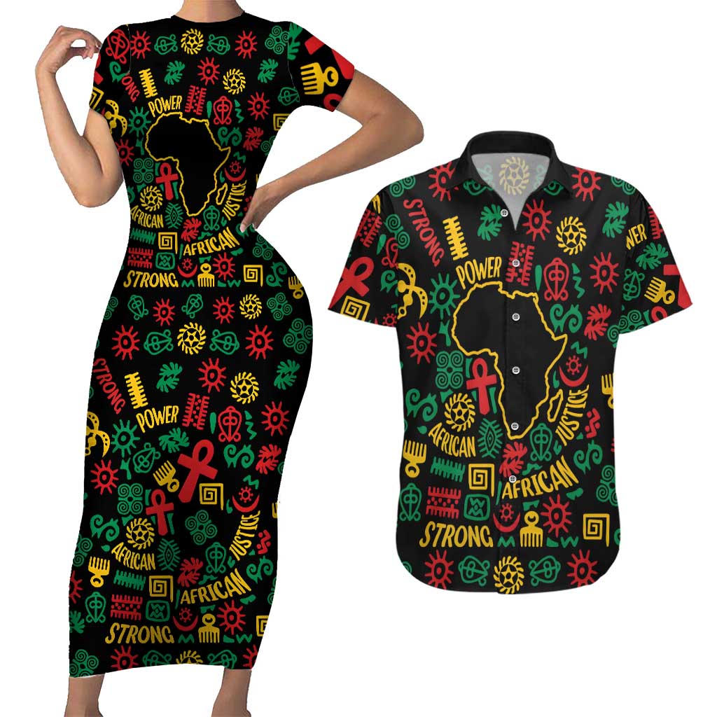 African Map Symbol Couples Matching Short Sleeve Bodycon Dress and Hawaiian Shirt with Red Yellow Green Tribal Symbols and Empowering Pattern - Wonder Print Shop