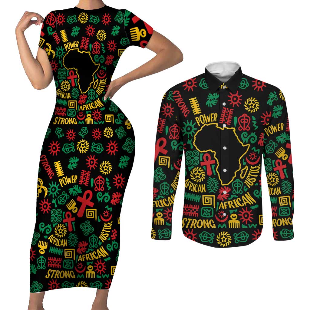African Map Symbol Couples Matching Short Sleeve Bodycon Dress and Long Sleeve Button Shirt with Red Yellow Green Tribal Symbols and Empowering Pattern - Wonder Print Shop