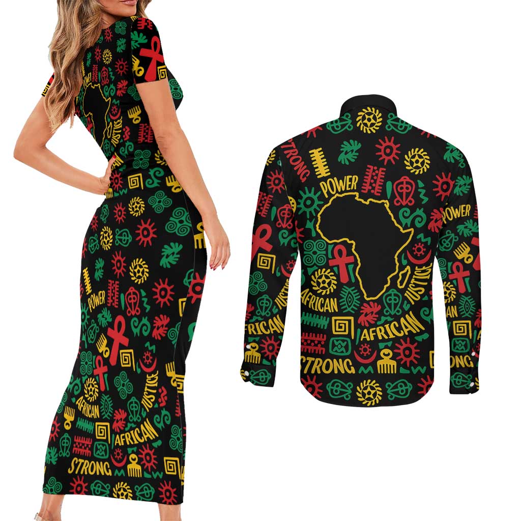 African Map Symbol Couples Matching Short Sleeve Bodycon Dress and Long Sleeve Button Shirt with Red Yellow Green Tribal Symbols and Empowering Pattern - Wonder Print Shop