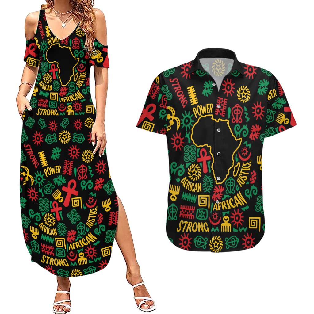 African Map Symbol Couples Matching Summer Maxi Dress and Hawaiian Shirt with Red Yellow Green Tribal Symbols and Empowering Pattern - Wonder Print Shop