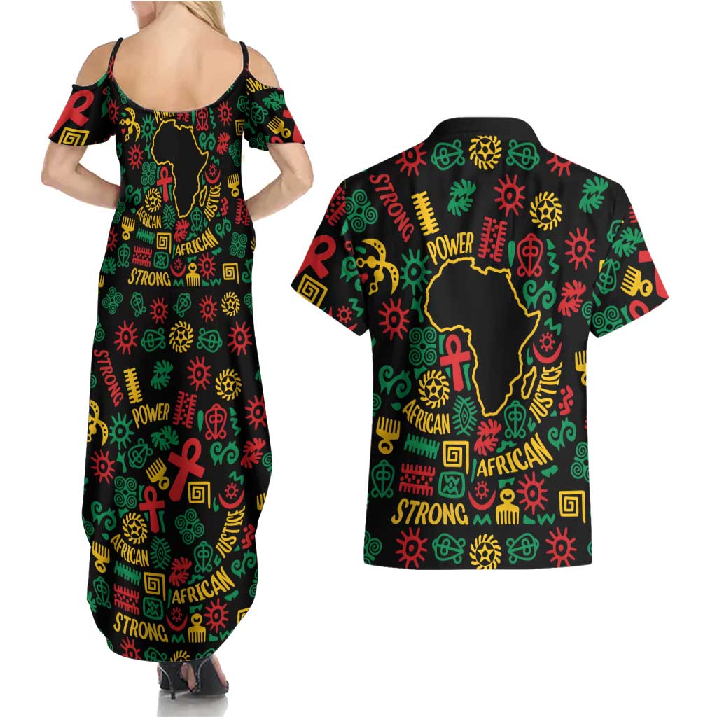 African Map Symbol Couples Matching Summer Maxi Dress and Hawaiian Shirt with Red Yellow Green Tribal Symbols and Empowering Pattern - Wonder Print Shop