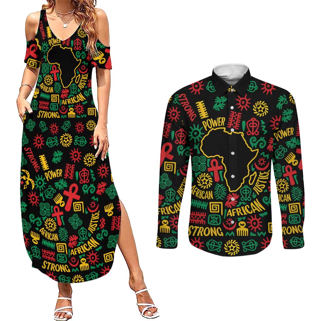 African Map Symbol Couples Matching Summer Maxi Dress and Long Sleeve Button Shirt with Red Yellow Green Tribal Symbols and Empowering Pattern - Wonder Print Shop