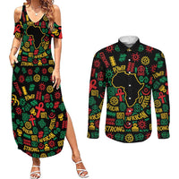African Map Symbol Couples Matching Summer Maxi Dress and Long Sleeve Button Shirt with Red Yellow Green Tribal Symbols and Empowering Pattern - Wonder Print Shop