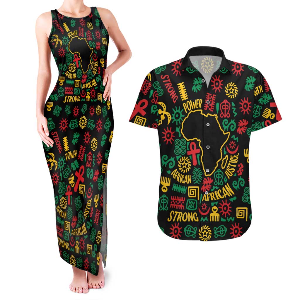 African Map Symbol Couples Matching Tank Maxi Dress and Hawaiian Shirt with Red Yellow Green Tribal Symbols and Empowering Pattern - Wonder Print Shop