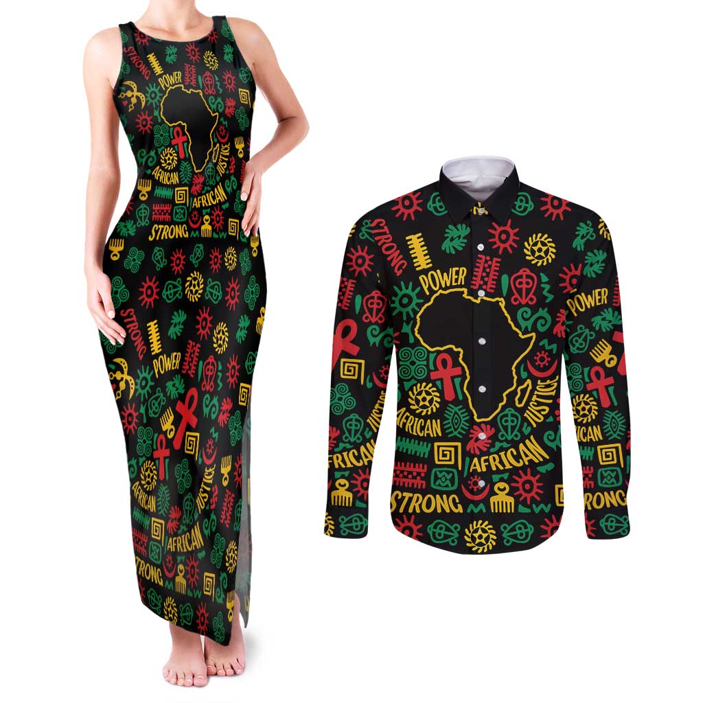 African Map Symbol Couples Matching Tank Maxi Dress and Long Sleeve Button Shirt with Red Yellow Green Tribal Symbols and Empowering Pattern - Wonder Print Shop