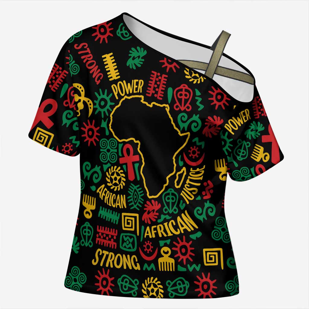 African Map Symbol Cross Shoulder Shirt with Red Yellow Green Tribal Symbols and Empowering Pattern - Wonder Print Shop
