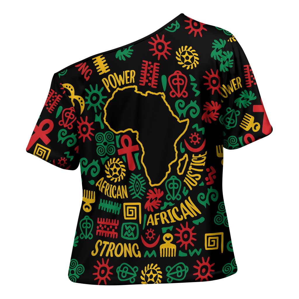 African Map Symbol Cross Shoulder Shirt with Red Yellow Green Tribal Symbols and Empowering Pattern - Wonder Print Shop